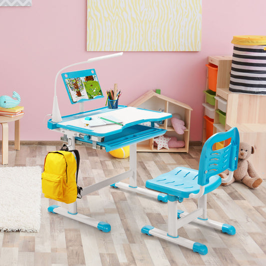 Set, Escritorio Infantil y Silla Infantil, Escritorio Infantil Primaria, con Altura Regulable Luz LED, Azul, Costway, 2