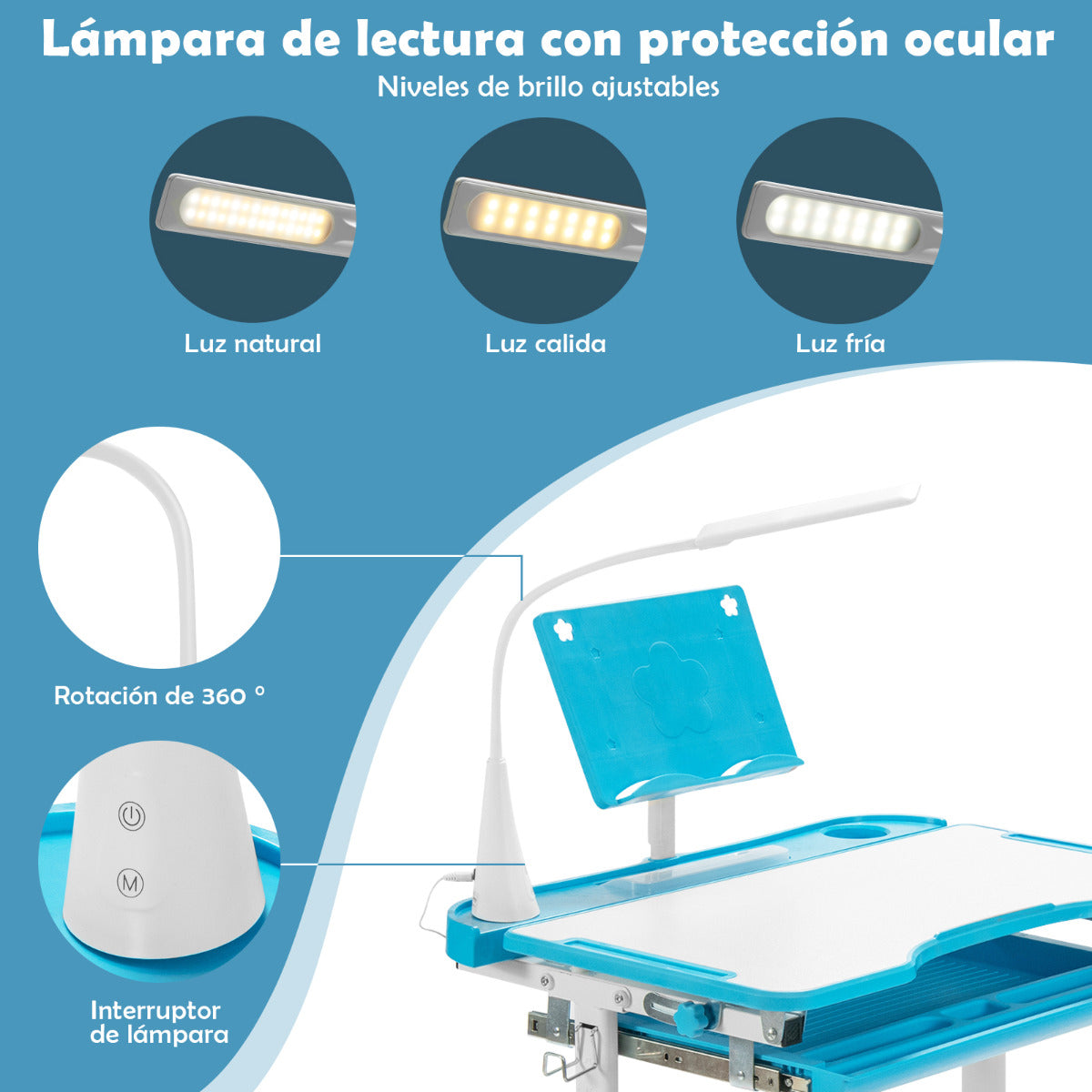 Set, Escritorio Infantil y Silla Infantil, Escritorio Infantil Primaria, con Altura Regulable Luz LED, Azul, Costway, 8