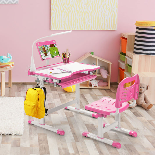 Set, Escritorio Infantil y Silla Infantil, Escritorio Infantil Primaria, con Altura Regulable Luz LED, Rosa, Costway, 2