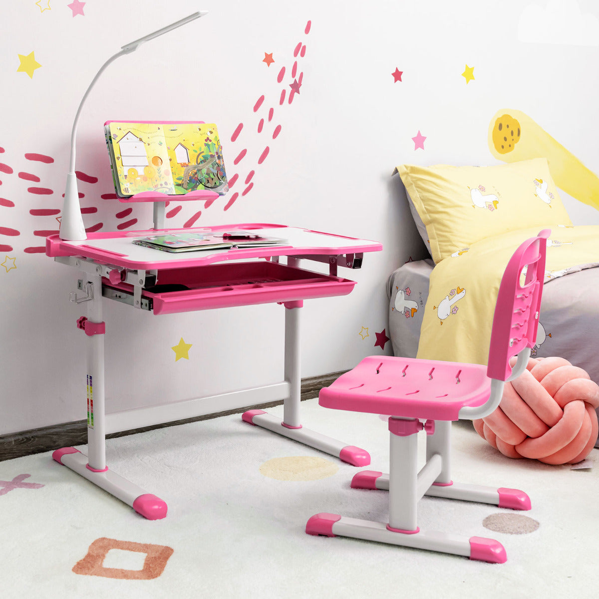 Set, Escritorio Infantil y Silla Infantil, Escritorio Infantil Primaria, con Altura Regulable Luz LED, Rosa, Costway, 5