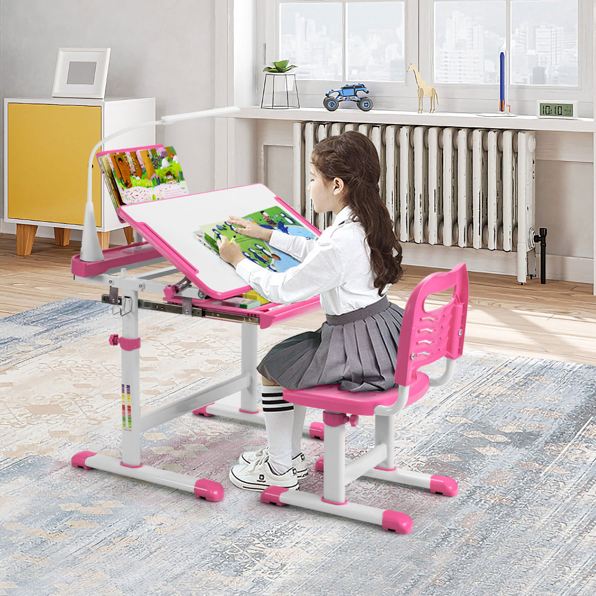 Set, Escritorio Infantil y Silla Infantil, Escritorio Infantil Primaria, con Altura Regulable Luz LED, Rosa, Costway, 4