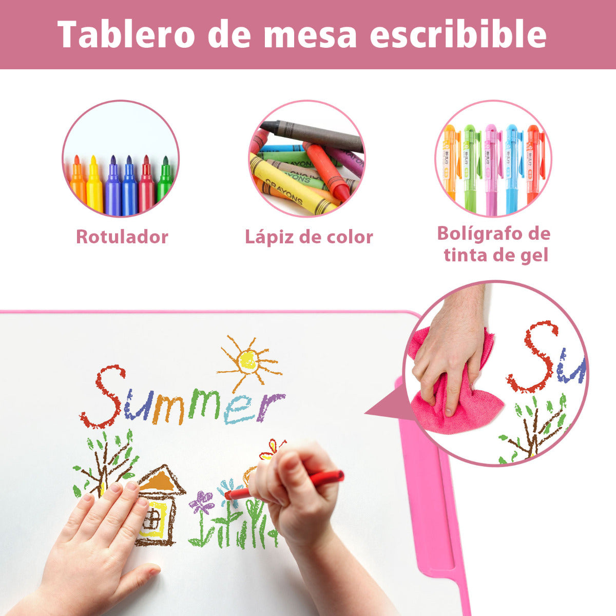 Set, Escritorio Infantil y Silla Infantil, Escritorio Infantil Primaria, con Altura Regulable Luz LED, Rosa, Costway, 7