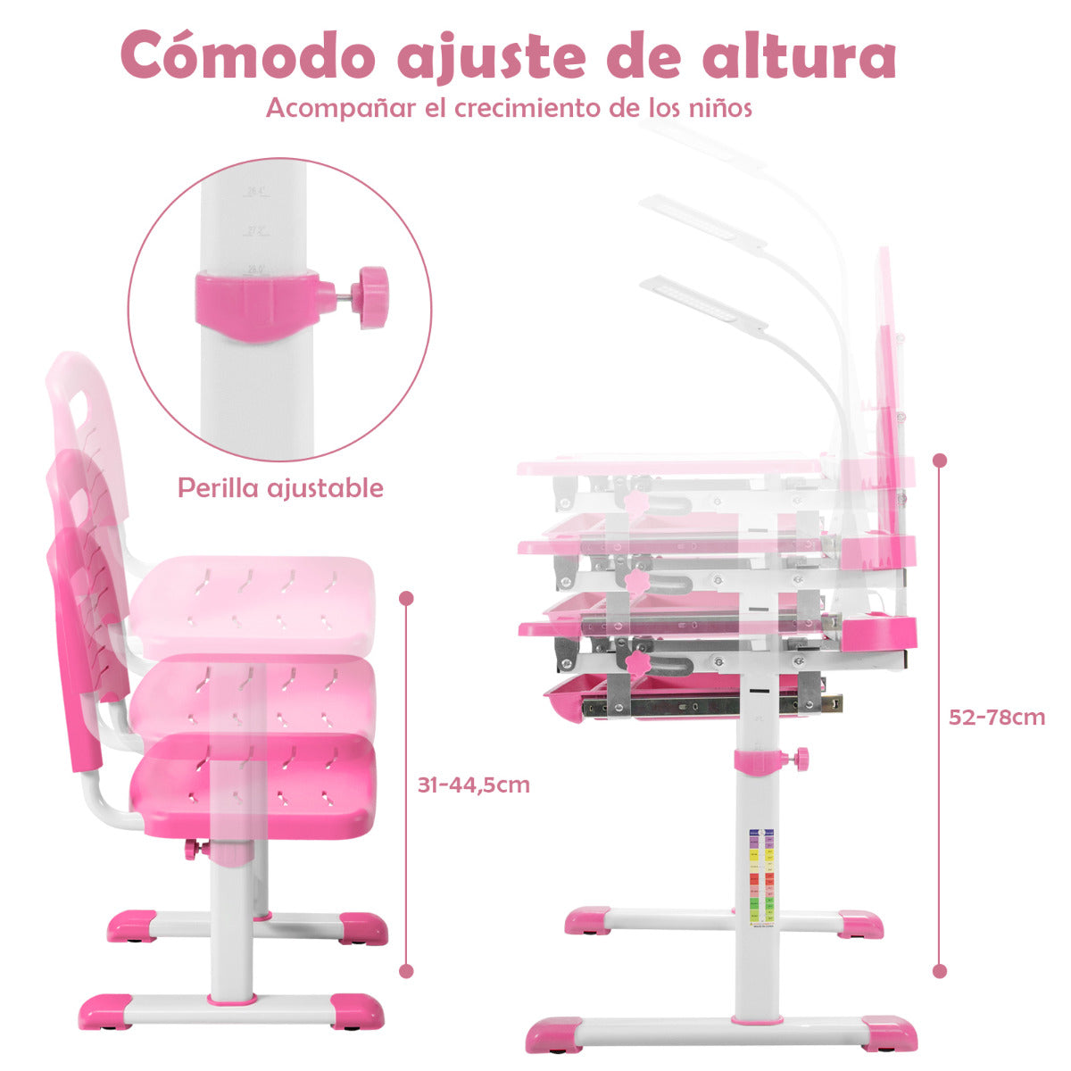 Set, Escritorio Infantil y Silla Infantil, Escritorio Infantil Primaria, con Altura Regulable Luz LED, Rosa, Costway, 8