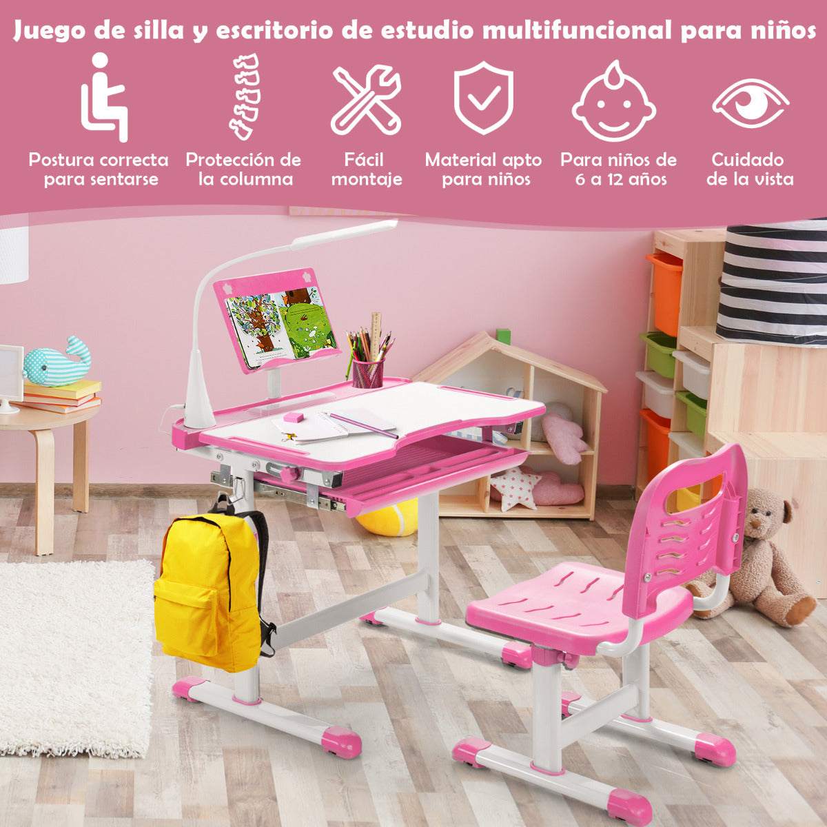 Set, Escritorio Infantil y Silla Infantil, Escritorio Infantil Primaria, con Altura Regulable Luz LED, Rosa, Costway, 6