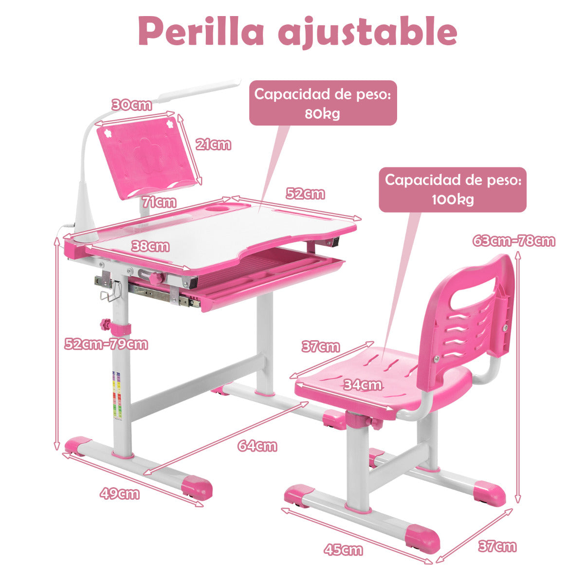 Set, Escritorio Infantil y Silla Infantil, Escritorio Infantil Primaria, con Altura Regulable Luz LED, Rosa, Costway, 3