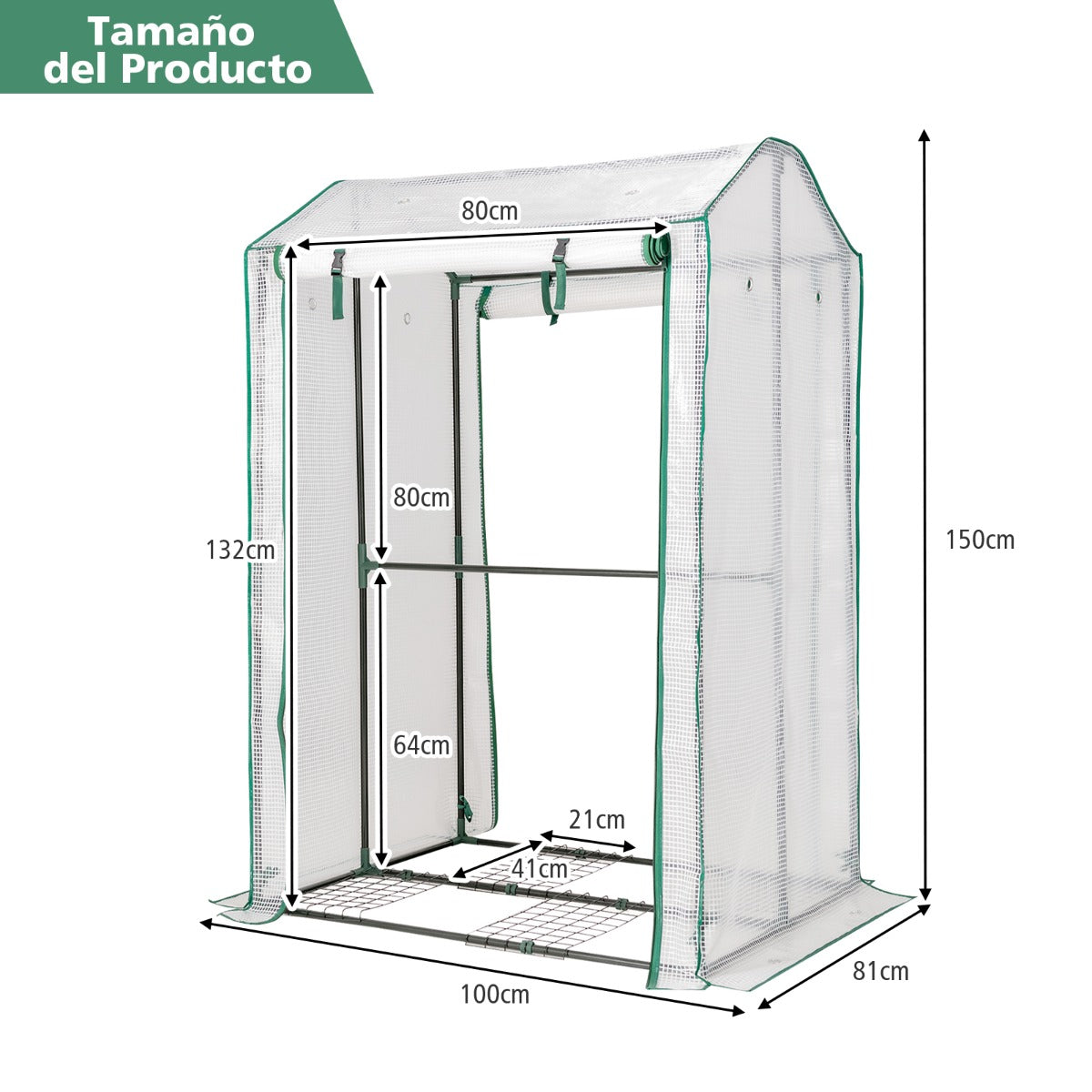 Invernadero, de Jardín, con 2 Puertas de Cremallera Enrollables Cobertura en PE Duradera y 8 Hoyos, Costway, 3