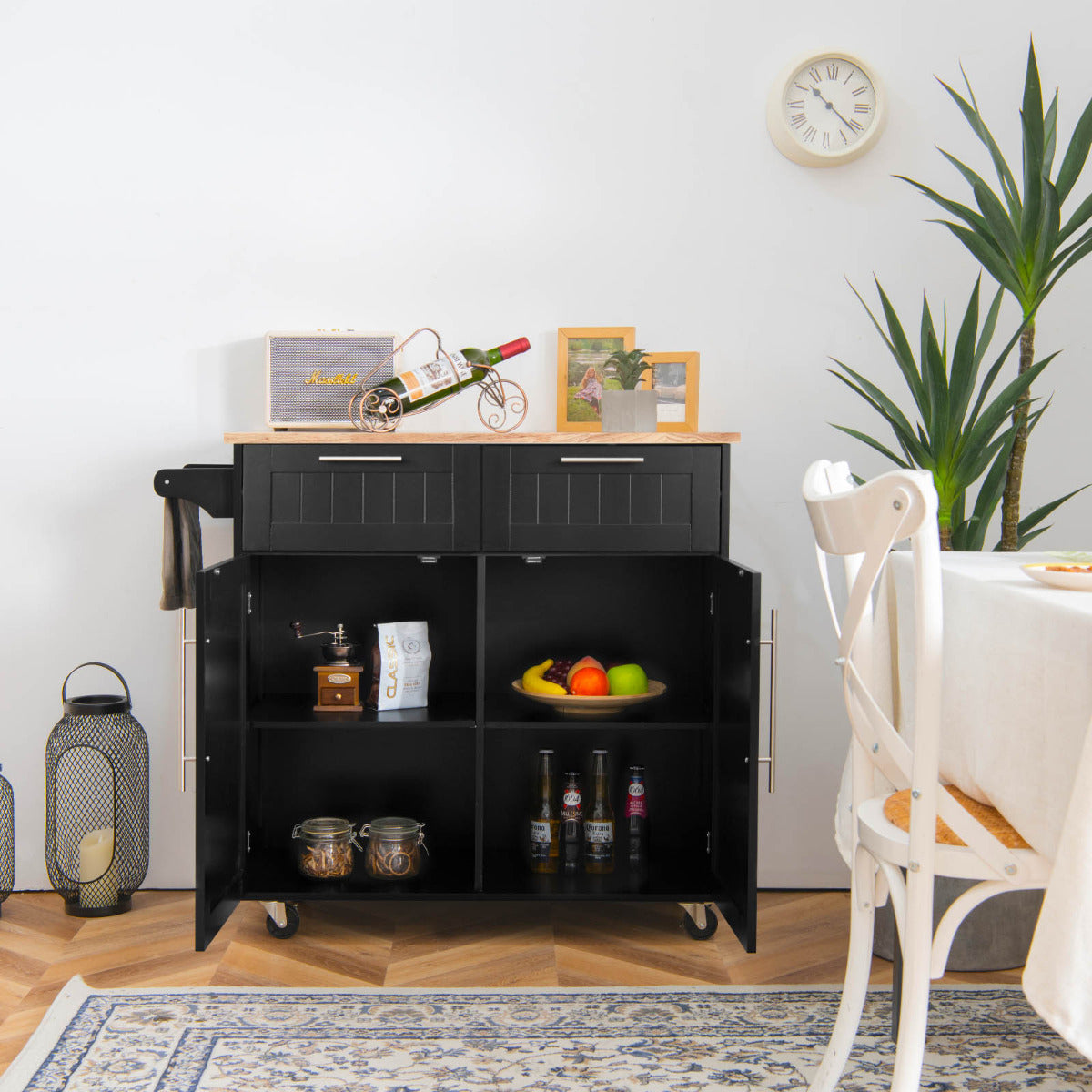 Isla de cocina, Carro cocina, Carrito cocina, con Cajones de Almacenamiento y Armarios 4 Ruedas, Negro, Costway, 4