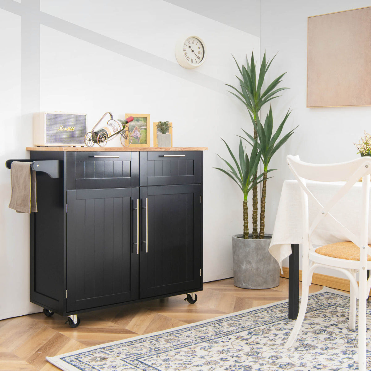 Isla de cocina, Carro cocina, Carrito cocina, con Cajones de Almacenamiento y Armarios 4 Ruedas, Negro, Costway, 5