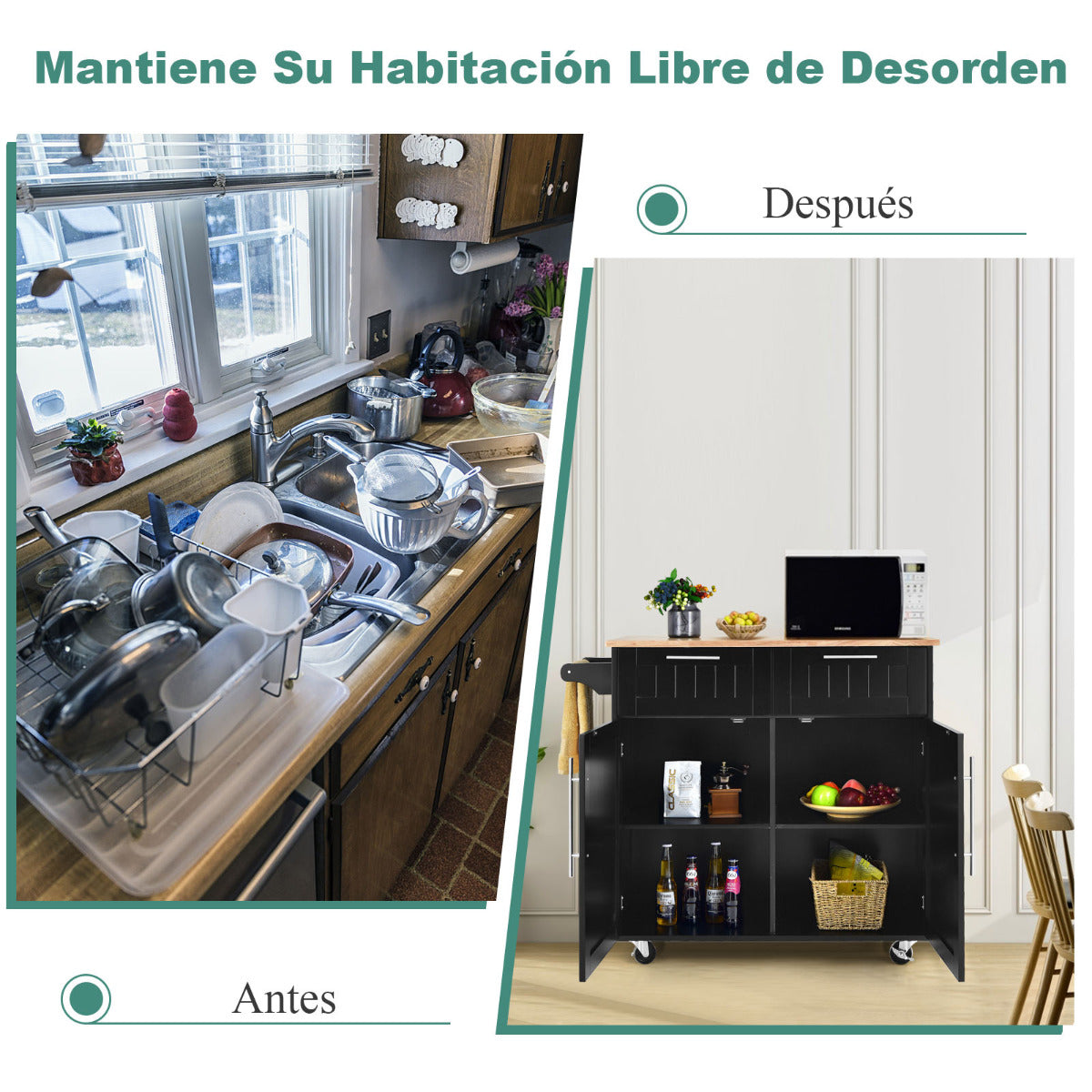 Isla de cocina, Carro cocina, Carrito cocina, con Cajones de Almacenamiento y Armarios 4 Ruedas, Negro, Costway, 7