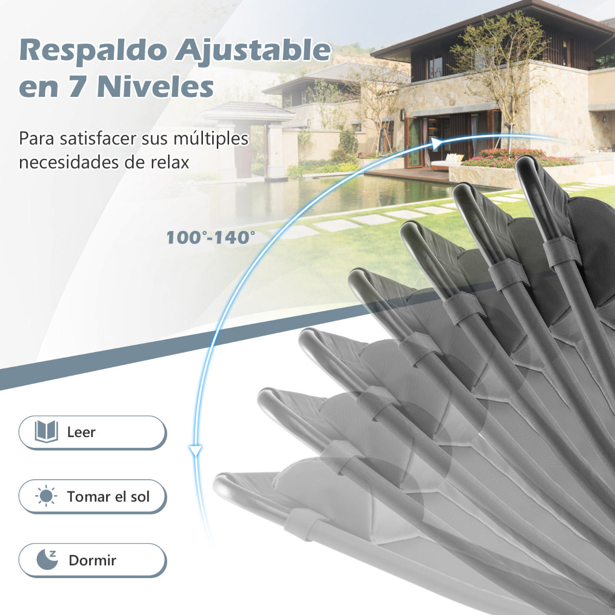 Sillas Jardin, Juego de 2, Sillas Plegables, Respaldo de 7 Niveles, Sillas Terraza, Sillas Exterior, Metal, Gris, Costway, 5