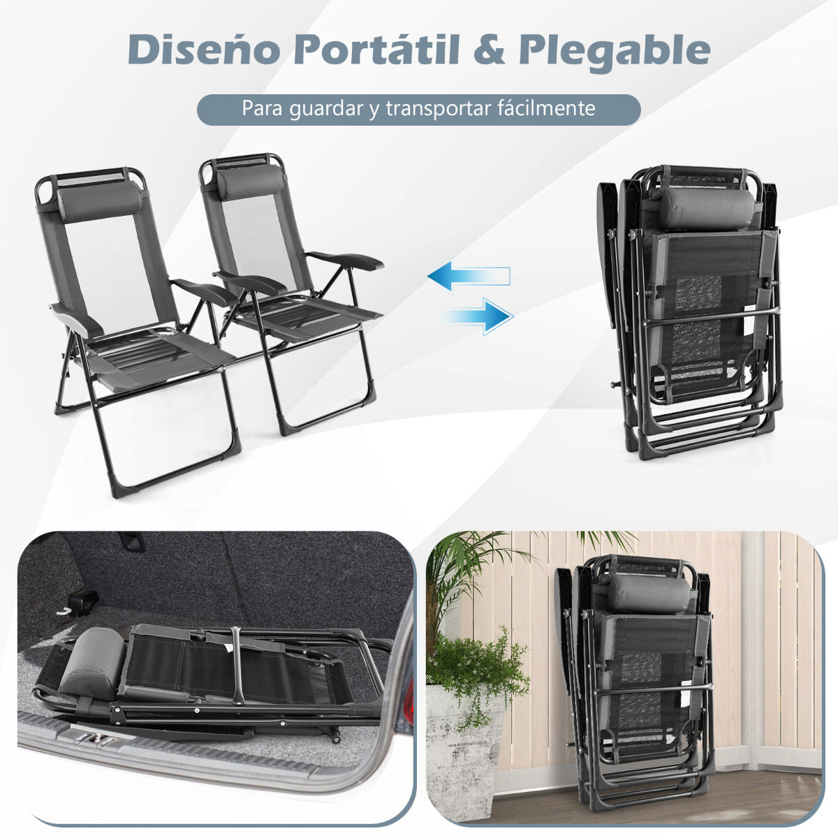 Sillas Jardin, Juego de 2, Sillas Plegables, Respaldo de 7 Niveles, Sillas Terraza, Sillas Exterior, Metal, Gris, Costway, 6