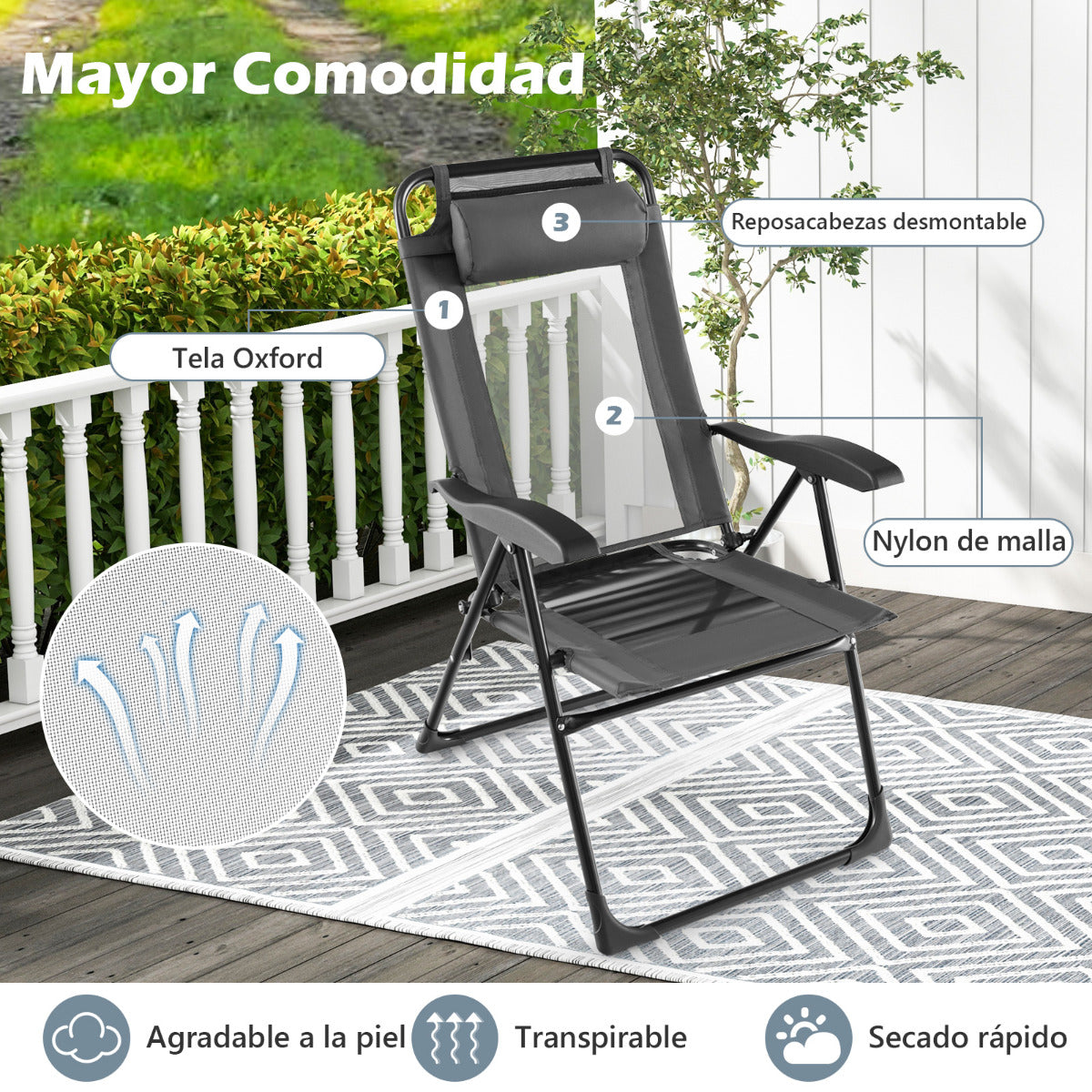 Sillas Jardin, Juego de 2, Sillas Plegables, Respaldo de 7 Niveles, Sillas Terraza, Sillas Exterior, Metal, Gris, Costway, 7