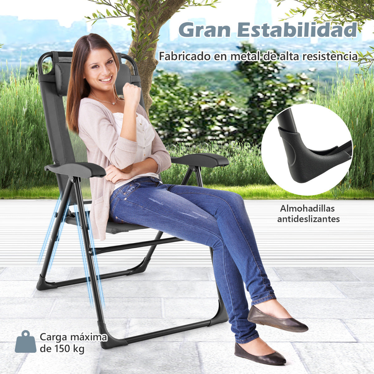 Sillas Jardin, Juego de 2, Sillas Plegables, Respaldo de 7 Niveles, Sillas Terraza, Sillas Exterior, Metal, Gris, Costway, 8