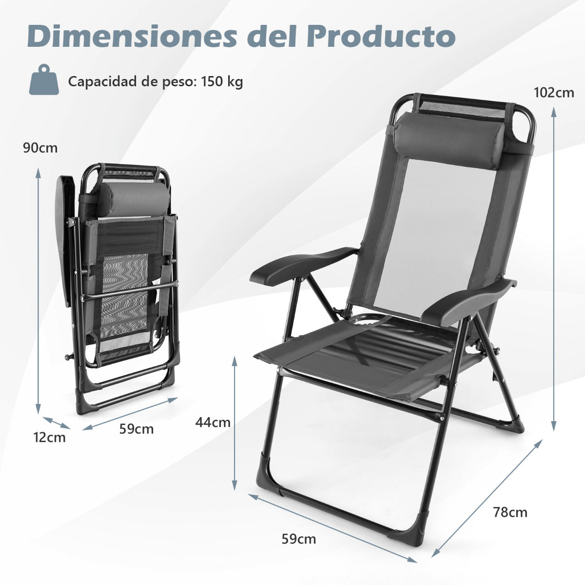 Sillas Jardin, Juego de 2, Sillas Plegables, Respaldo de 7 Niveles, Sillas Terraza, Sillas Exterior, Metal, Gris, Costway, 3