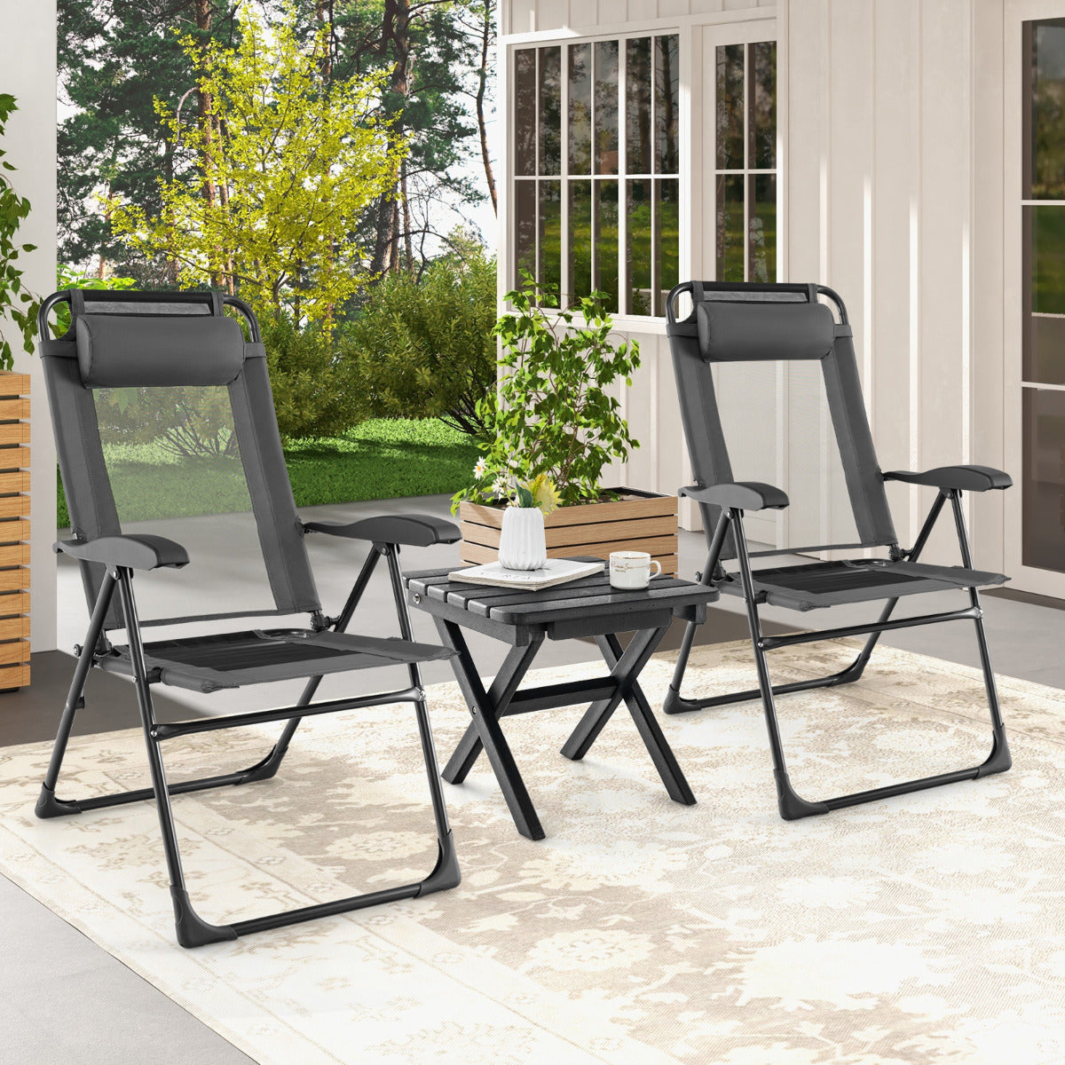 Sillas Jardin, Juego de 2, Sillas Plegables, Respaldo de 7 Niveles, Sillas Terraza, Sillas Exterior, Metal, Gris, Costway, 2