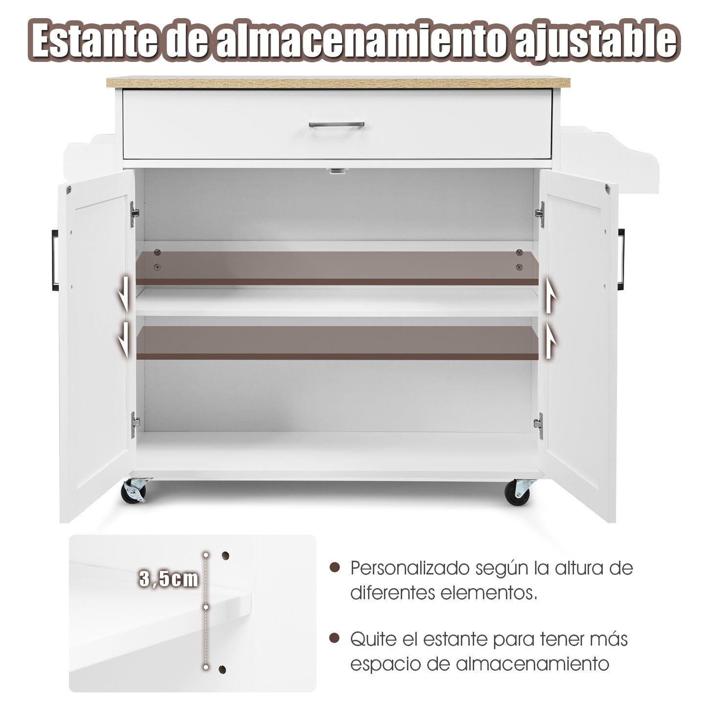 Carro cocina, Isla de cocina, Carrito cocina, de Goma Armario Grande y Repisa Regulable en 3 Posiciones, Blanco, Costway, 8