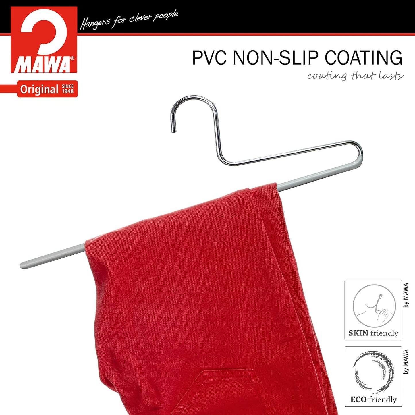 Perchas para Pantalones, 10 piezas, Fabricadas en Alemania, Perchas, ancho 35 cm, Antideslizantes, Color Plata - MAWA KH C, 3