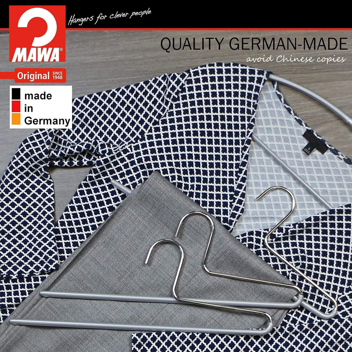 Perchas para Pantalones, 10 piezas, Fabricadas en Alemania, Perchas, ancho 35 cm, Antideslizantes, Color Plata - MAWA KH C, 1