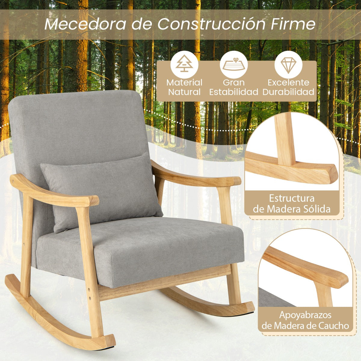 Sillon, Mecedora, Sillon Lectura, Sillon Individual, Reposabrazos de Madera de Caucho Respaldo Ancho, Gris Beige, Costway, 5