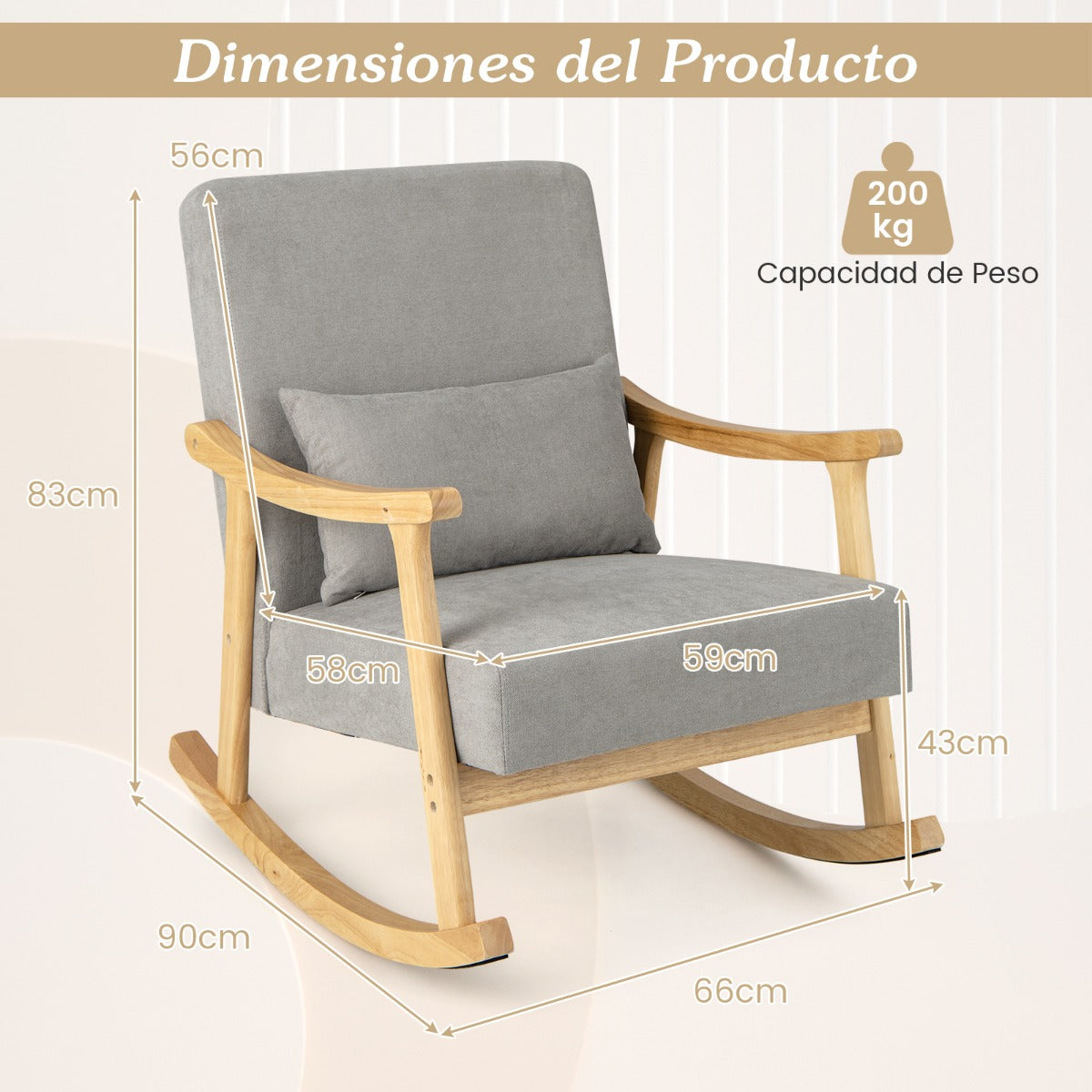 Sillon, Mecedora, Sillon Lectura, Sillon Individual, Reposabrazos de Madera de Caucho Respaldo Ancho, Gris Beige, Costway, 3