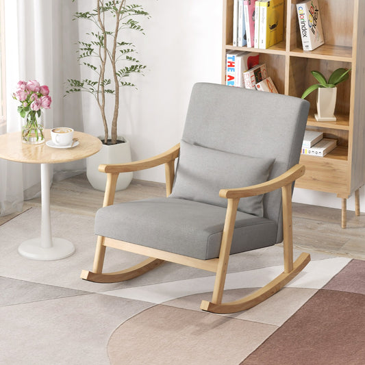 Sillon, Mecedora, Sillon Lectura, Sillon Individual, Reposabrazos de Madera de Caucho Respaldo Ancho, Gris Beige, Costway, 2