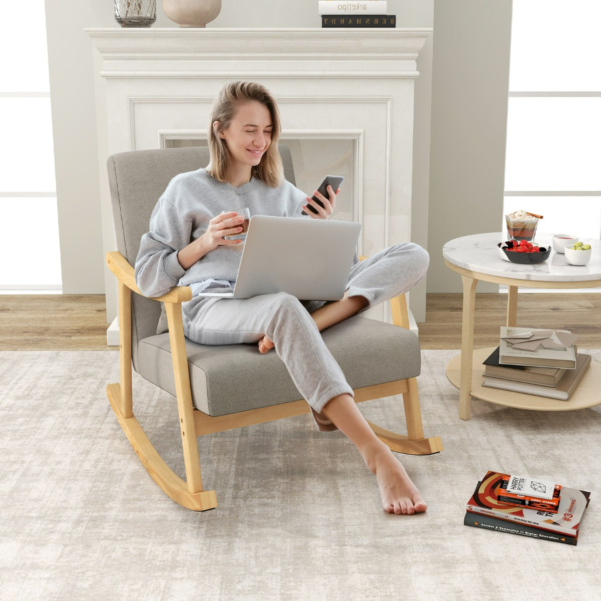 Sillon, Mecedora, Sillon Lectura, Sillon Individual, Reposabrazos de Madera de Caucho Respaldo Ancho, Gris Beige, Costway, 4