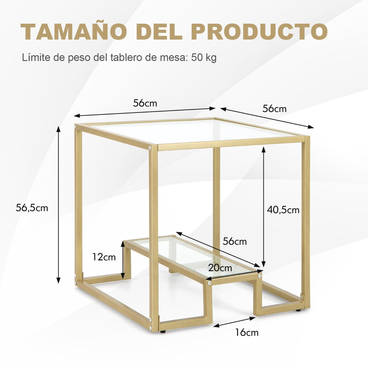Mesa cristal, de 2 Niveles, Mesa auxiliar, Mesa de centro, Tablero de Vidrio Templado, Mesa baja salon, Dorado, Costway, 3