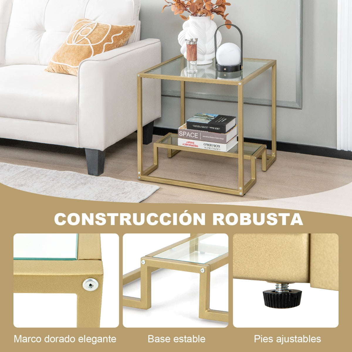 Mesa cristal, de 2 Niveles, Mesa auxiliar, Mesa de centro, Tablero de Vidrio Templado, Mesa baja salon, Dorado, Costway, 5