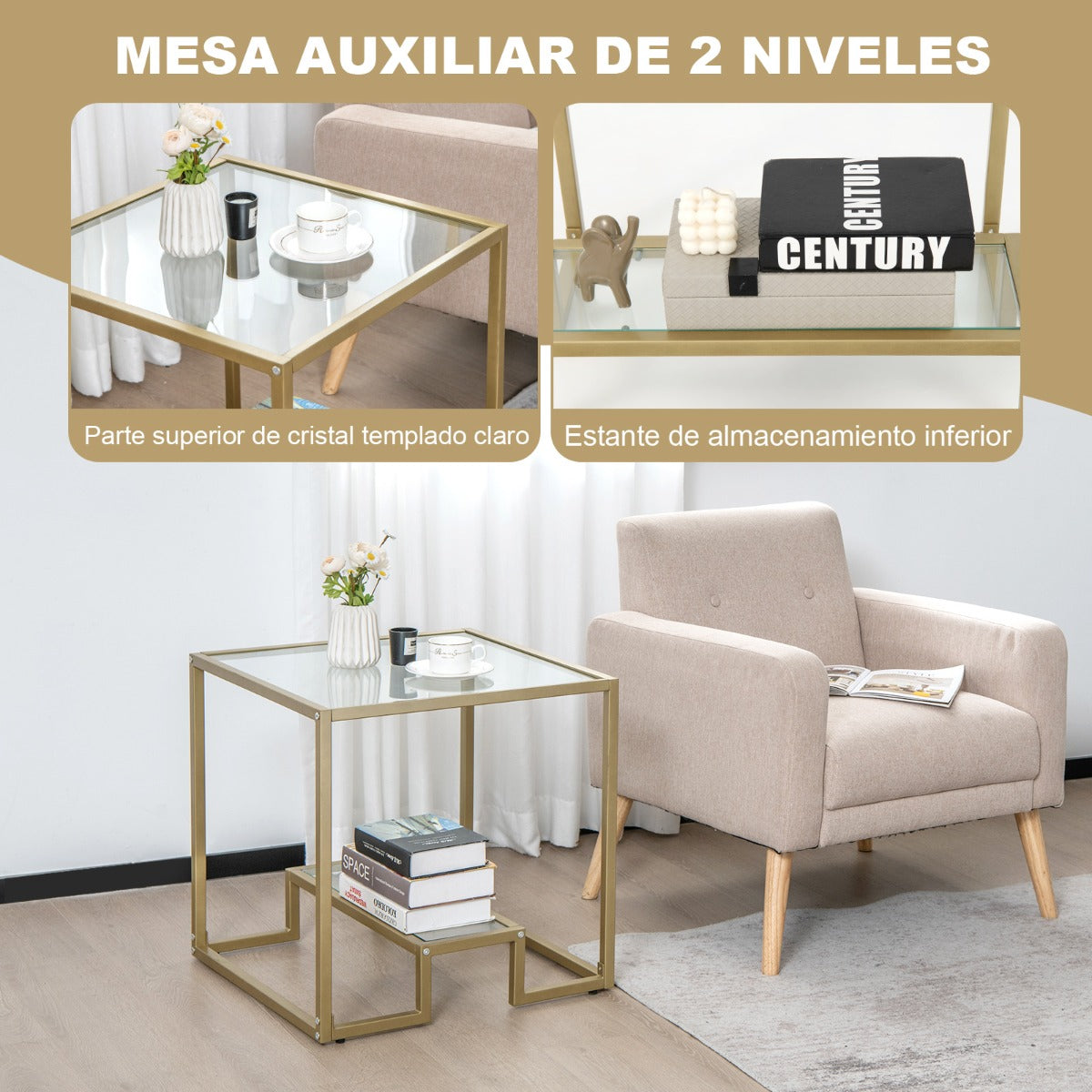 Mesa cristal, de 2 Niveles, Mesa auxiliar, Mesa de centro, Tablero de Vidrio Templado, Mesa baja salon, Dorado, Costway, 6