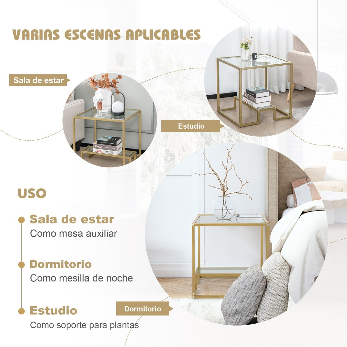 Mesa cristal, de 2 Niveles, Mesa auxiliar, Mesa de centro, Tablero de Vidrio Templado, Mesa baja salon, Dorado, Costway, 7