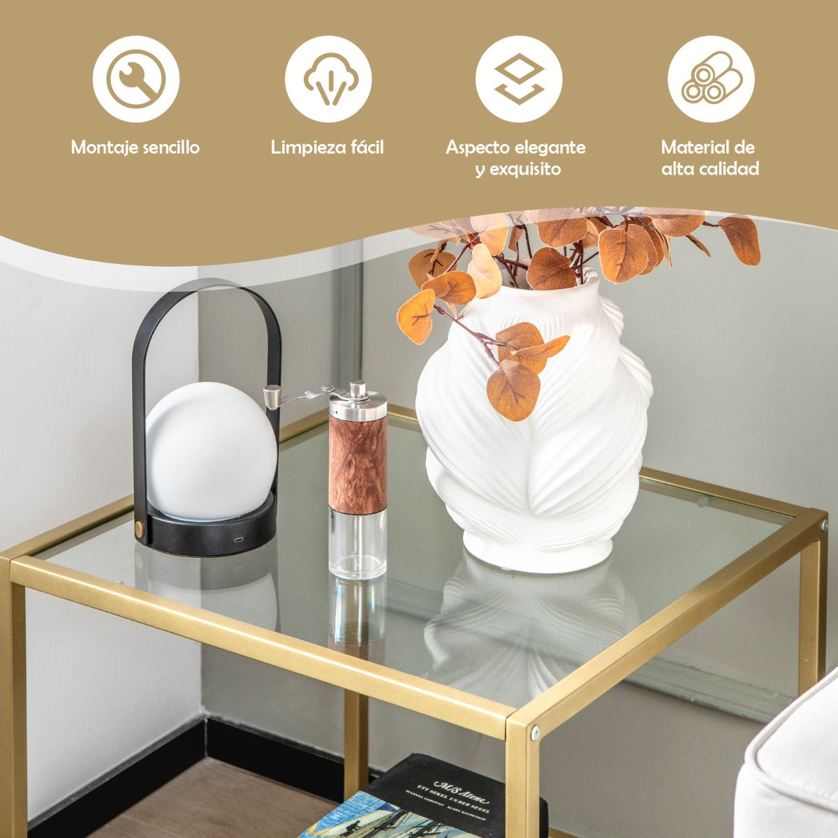 Mesa cristal, de 2 Niveles, Mesa auxiliar, Mesa de centro, Tablero de Vidrio Templado, Mesa baja salon, Dorado, Costway, 8