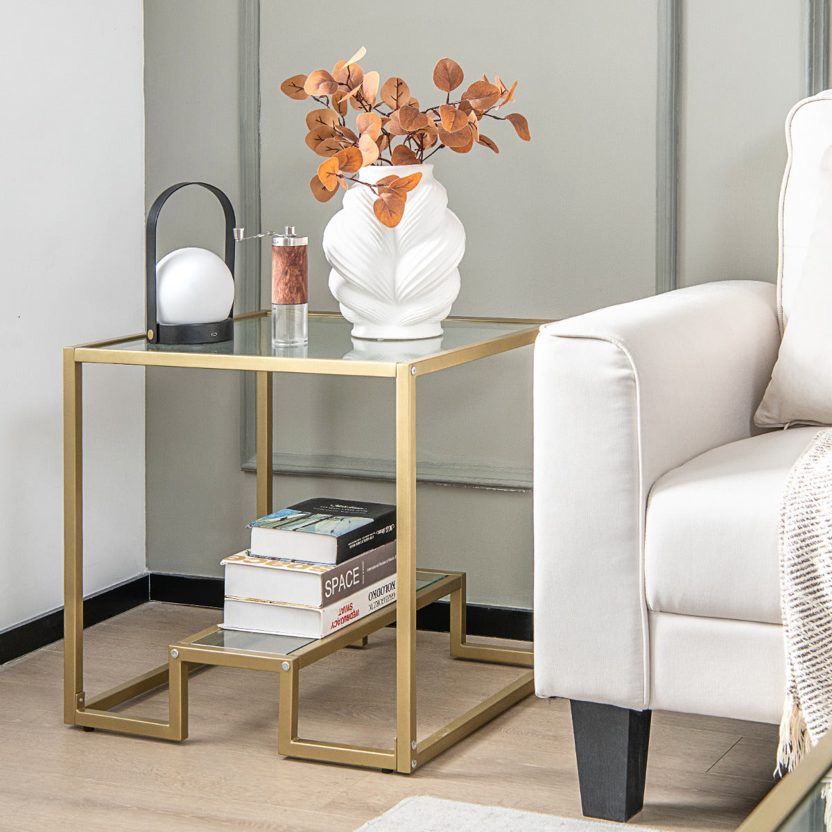 Mesa cristal, de 2 Niveles, Mesa auxiliar, Mesa de centro, Tablero de Vidrio Templado, Mesa baja salon, Dorado, Costway, 2