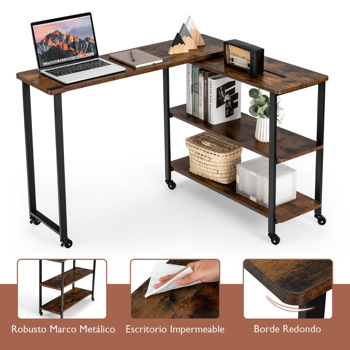 Escritorio Esquinero, Giratoria 360°, Mesa Esquinera, Mesa Escritorio, de Metal con 6 Ruedas, Marrón, Costway, 8