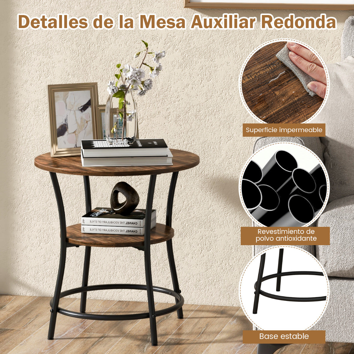 Mesa auxiliar, de 2 Niveles, Mesa de centro, Mesa baja salon, con Estante, Redonda, Marrón, Costway, 7