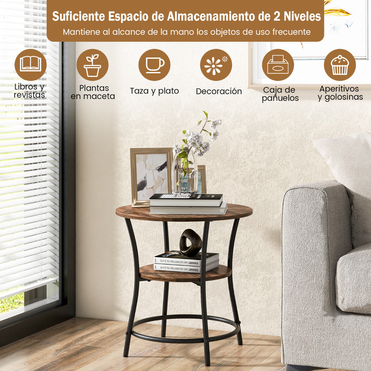 Mesa auxiliar, de 2 Niveles, Mesa de centro, Mesa baja salon, con Estante, Redonda, Marrón, Costway, 6