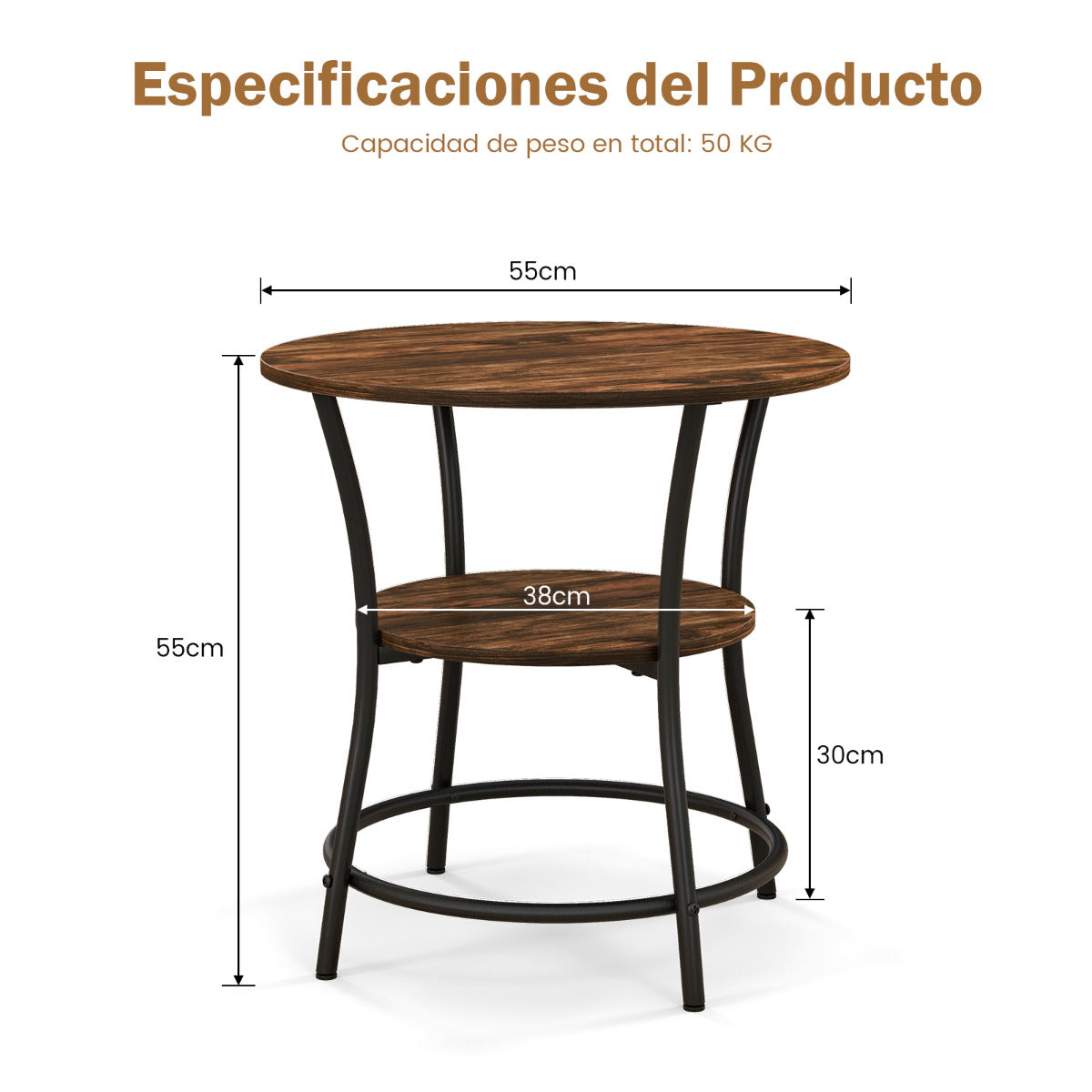 Mesa auxiliar, de 2 Niveles, Mesa de centro, Mesa baja salon, con Estante, Redonda, Marrón, Costway, 3