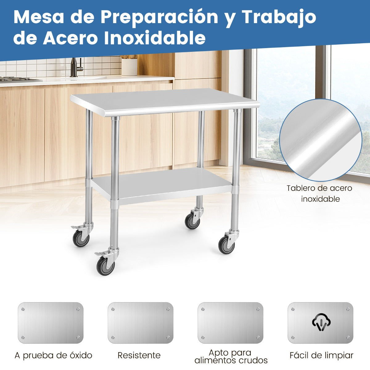 Сarrito cocina, Сarro cocina, Mesa de Acero Inoxidable con Ruedas Giratorias Estante Inferior Ajustable Cocina, Costway, 5