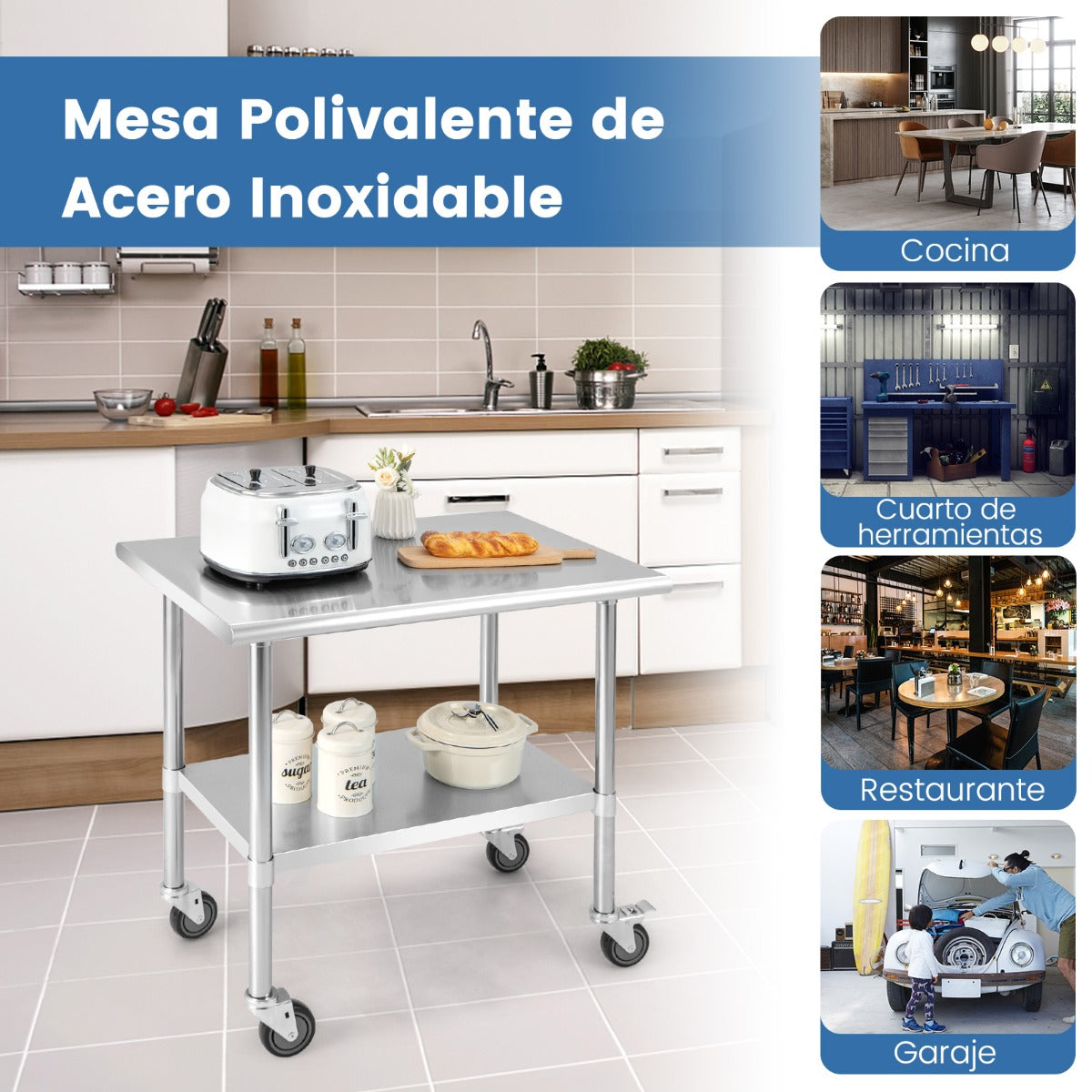 Сarrito cocina, Сarro cocina, Mesa de Acero Inoxidable con Ruedas Giratorias Estante Inferior Ajustable Cocina, Costway, 6