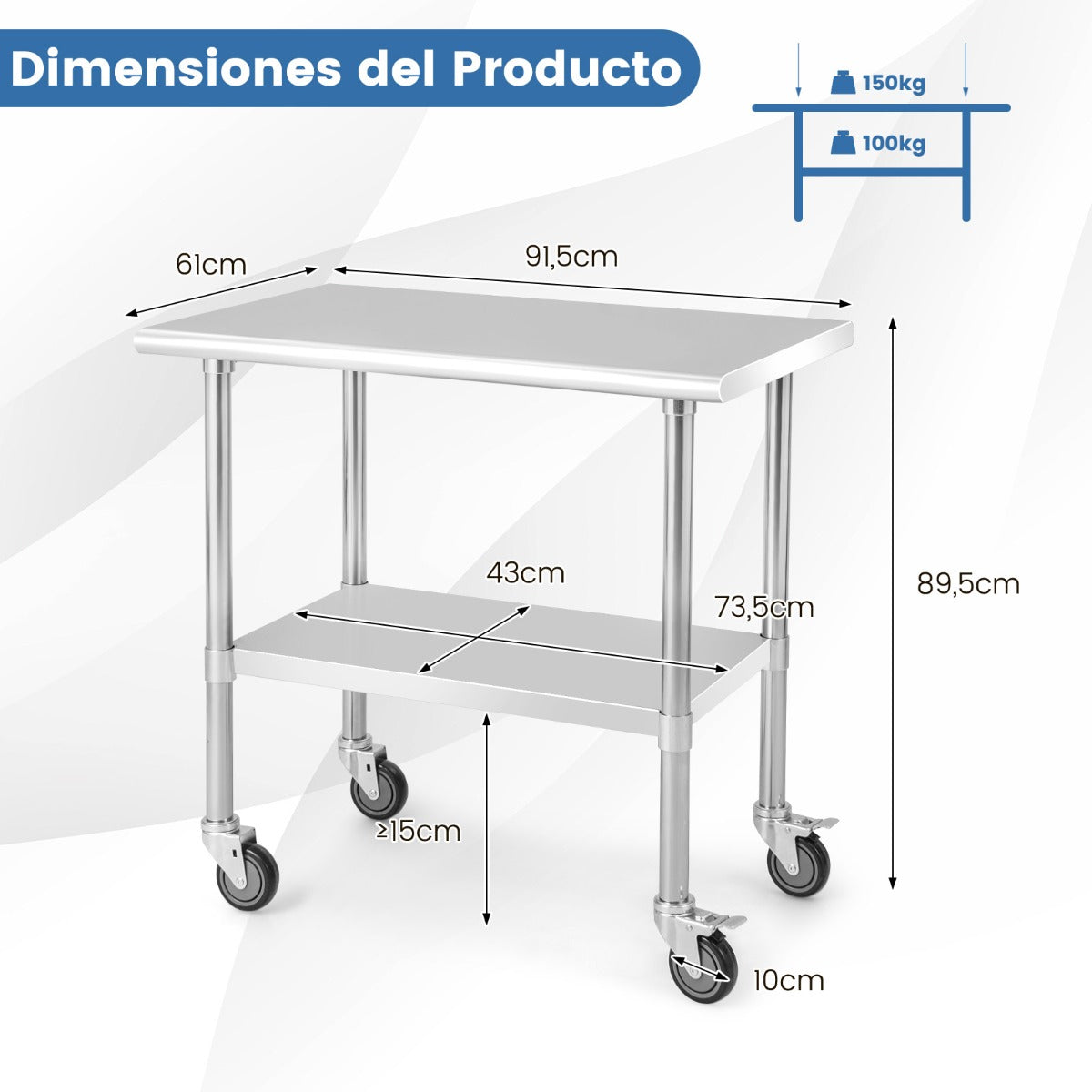 Сarrito cocina, Сarro cocina, Mesa de Acero Inoxidable con Ruedas Giratorias Estante Inferior Ajustable Cocina, Costway, 3