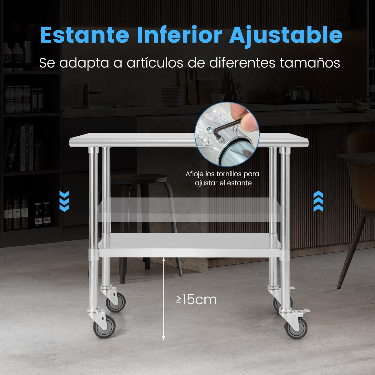 Сarrito cocina, Сarro cocina, Mesa de Acero Inoxidable con Ruedas Giratorias Estante Inferior Ajustable Cocina, Costway, 7