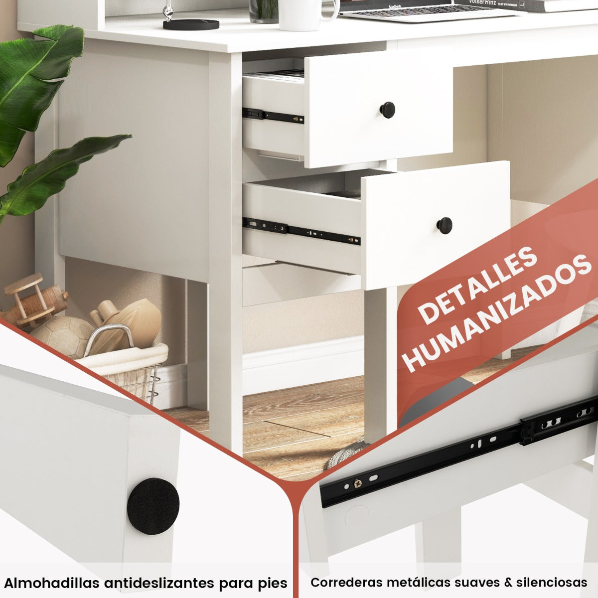 Escritorio Pequeño, Escritorio con Cajones, Mesa Estudio, Mesa de Oficina, con 2 Cajones, Estante, Blanco, Costway, 8