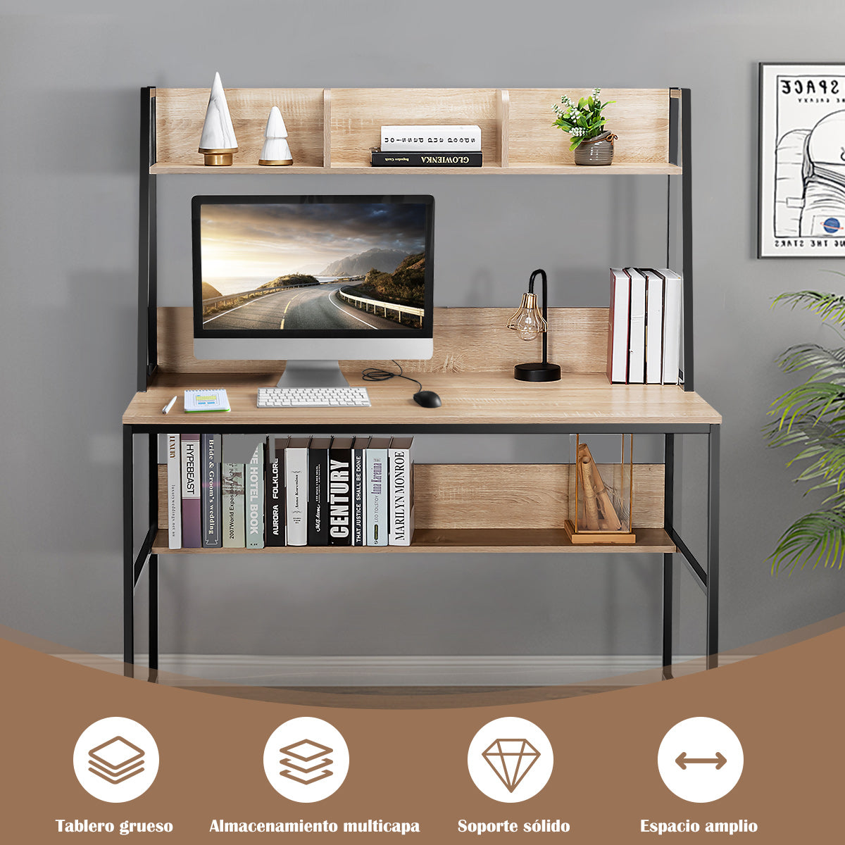 Escritorio, Mesa Ordenador, Escritorio Pequeño, Mesa Estudio, con Estantería 3 Cubos de Almacenamiento, Natural, Costway, 8