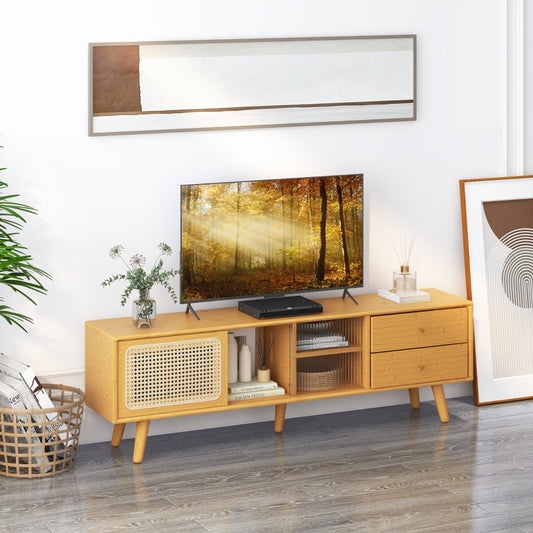 Mueble tv, hasta 65inch, Mueble television, Mesa consola, Puertas de Cristal, PE Ratán, de Bambú, Natural, Costway, 2