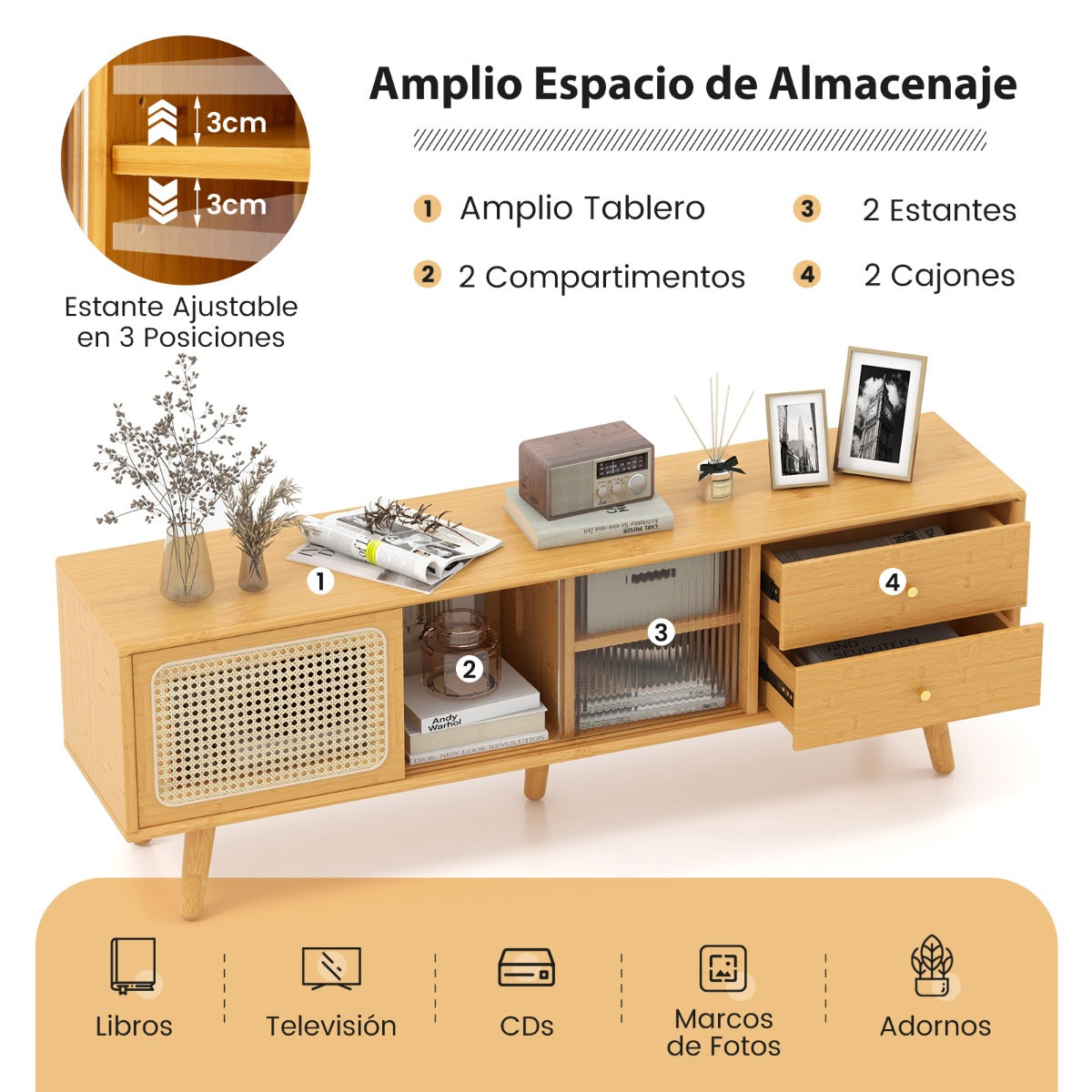 Mueble tv, hasta 65inch, Mueble television, Mesa consola, Puertas de Cristal, PE Ratán, de Bambú, Natural, Costway, 8