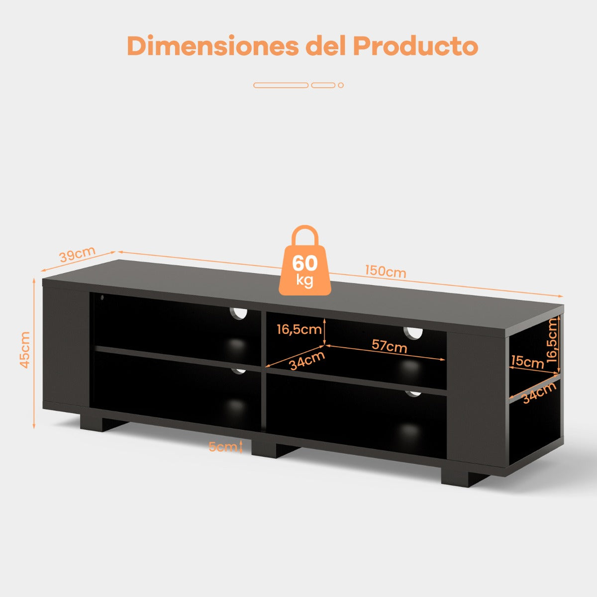 Mueble tv, de hasta 65inch, Mueble television, Mesa tv, con 4 Compartimentos Abiertos 4 Estantes, Negro, Costway, 3