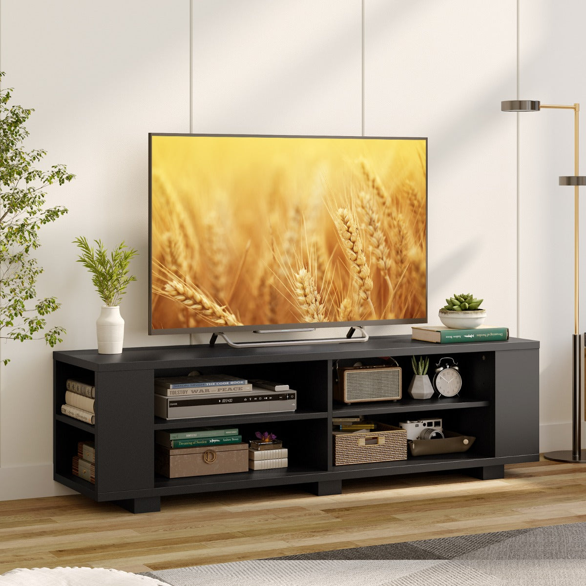Mueble tv, de hasta 65inch, Mueble television, Mesa tv, con 4 Compartimentos Abiertos 4 Estantes, Negro, Costway, 2