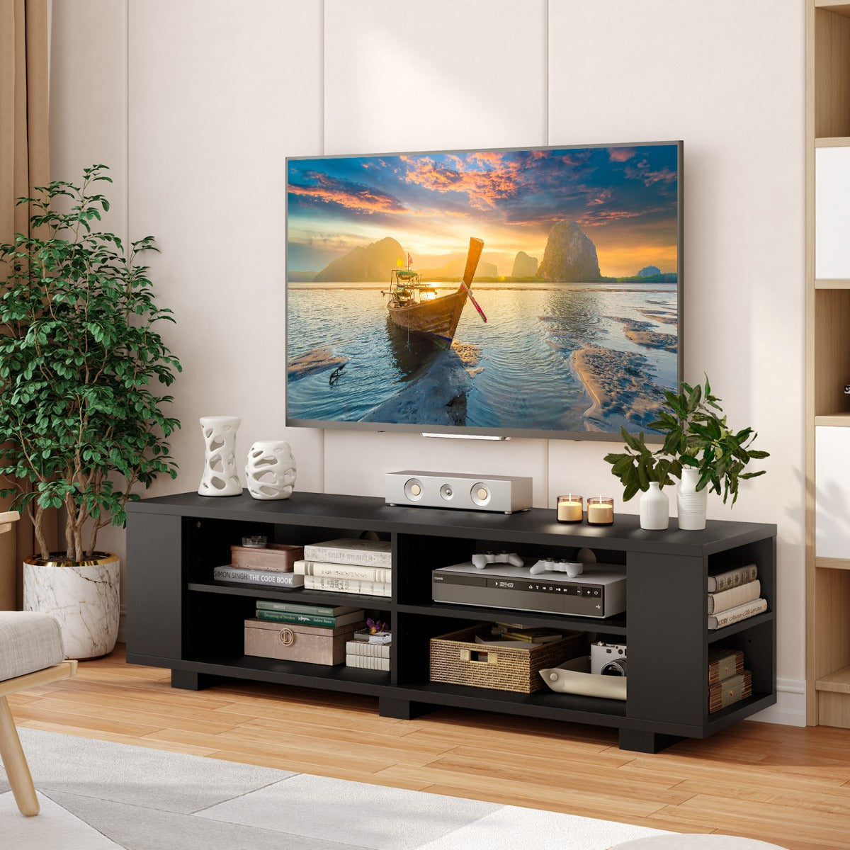 Mueble tv, de hasta 65inch, Mueble television, Mesa tv, con 4 Compartimentos Abiertos 4 Estantes, Negro, Costway, 4