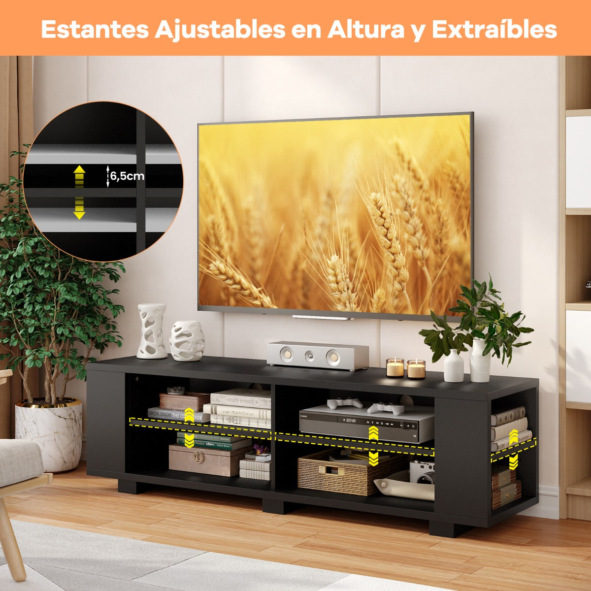 Mueble tv, de hasta 65inch, Mueble television, Mesa tv, con 4 Compartimentos Abiertos 4 Estantes, Negro, Costway, 6
