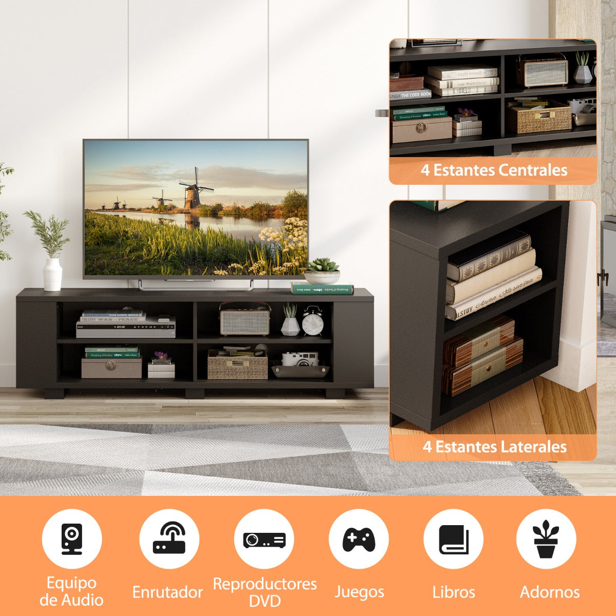 Mueble tv, de hasta 65inch, Mueble television, Mesa tv, con 4 Compartimentos Abiertos 4 Estantes, Negro, Costway, 7