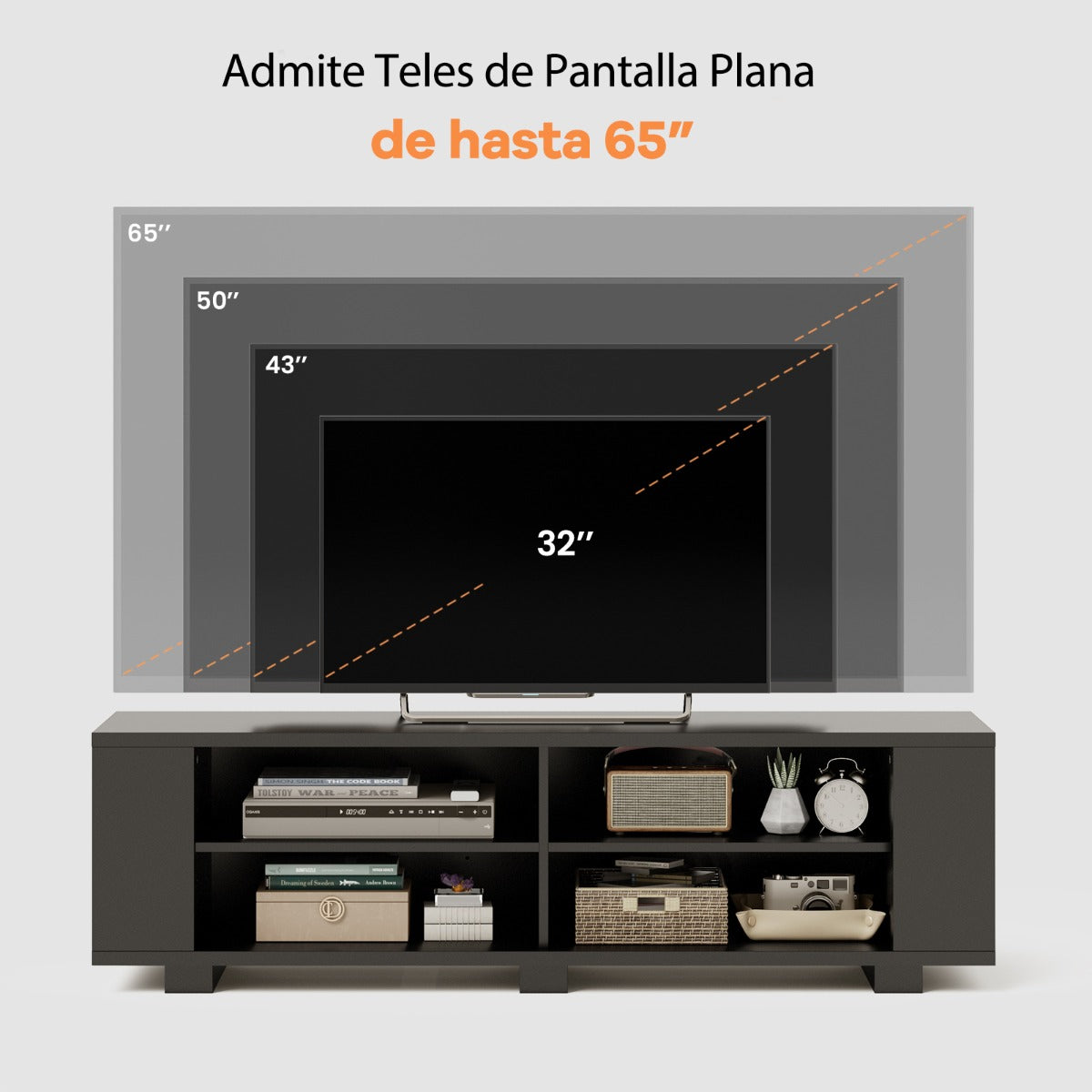Mueble tv, de hasta 65inch, Mueble television, Mesa tv, con 4 Compartimentos Abiertos 4 Estantes, Negro, Costway, 8